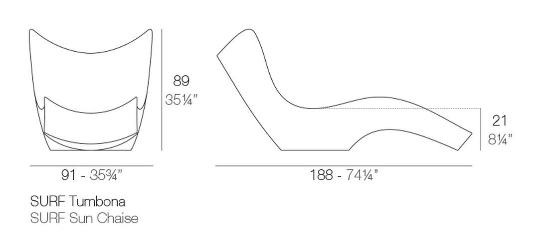 Surf Sun Lounger by Vondom, size drawing