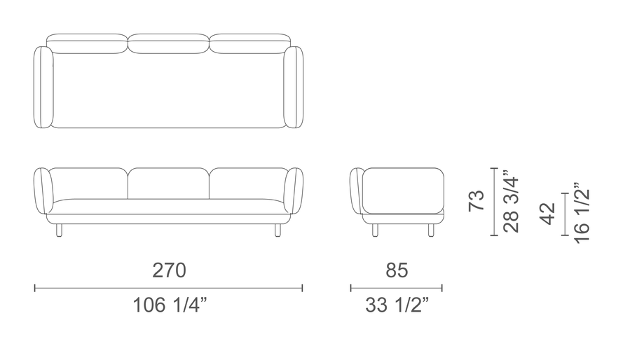 Hobo Contract Sofa by Cappellini, size drawing: HOB50