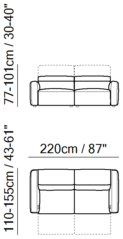 Domus Sectional by Natuzzi Italia: Three-seater sofa with two cushions and two electric recliner functions, outline drawing with sizes