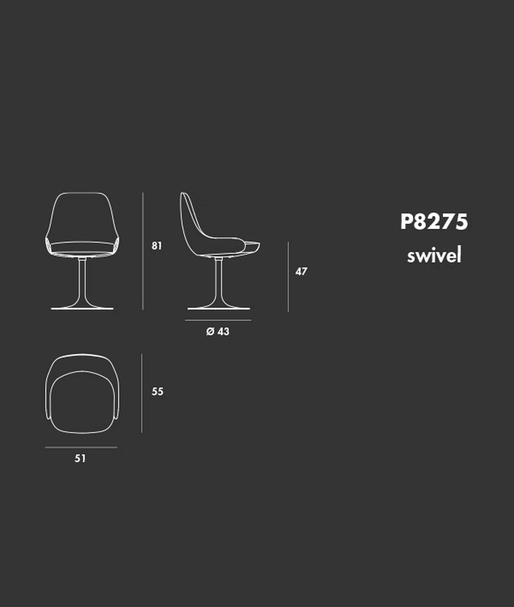 Cadira S Swivel Chair by Sovet, size drawing