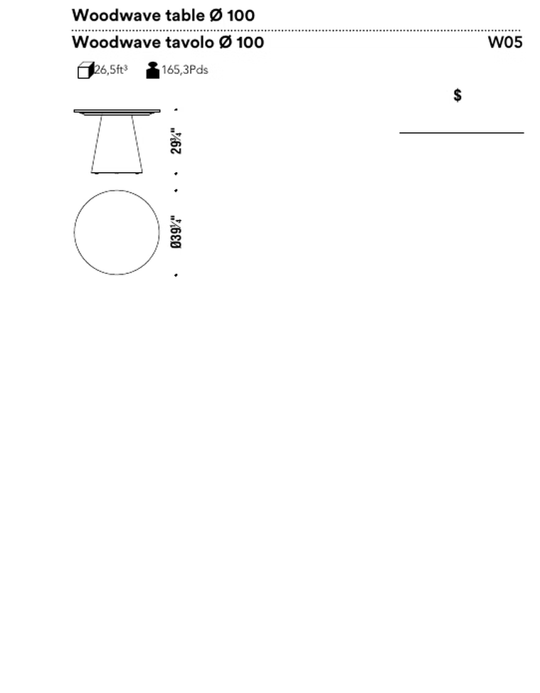 Woodwave Dining Table by Moroso, size drawing: Woodwave table Ø 100