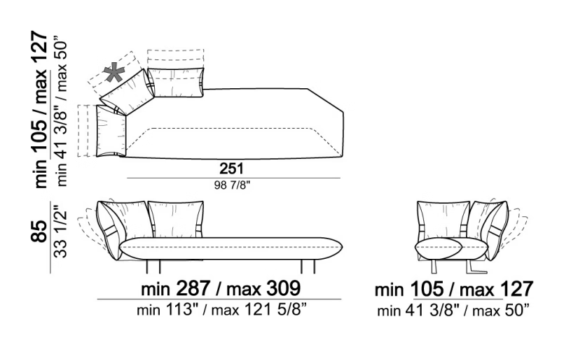 Smooth Operator Sofa by Arketipo, size drawing: Unit with 3 back cushions and right or left pouf