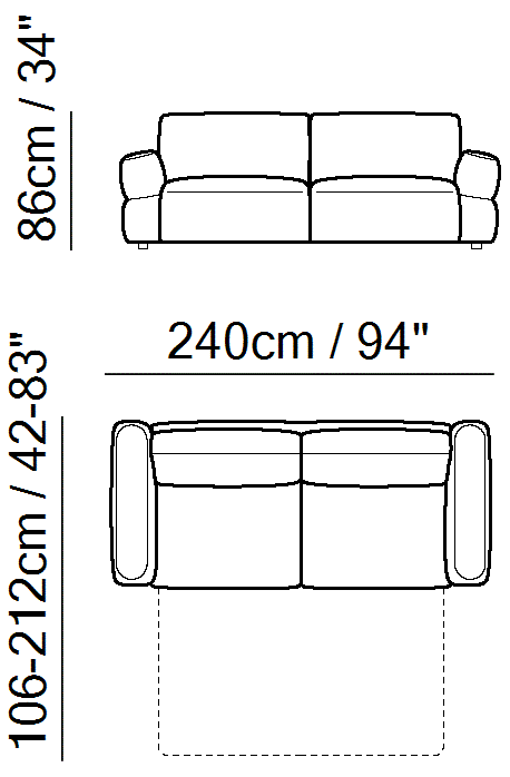 Easy Sectional by Natuzzi Italia: Double sofa-bed, outline drawing with sizes