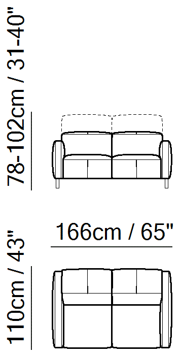 Sophy Sectional by Natuzzi Italia: Two-seater sofa, outline drawing with sizes