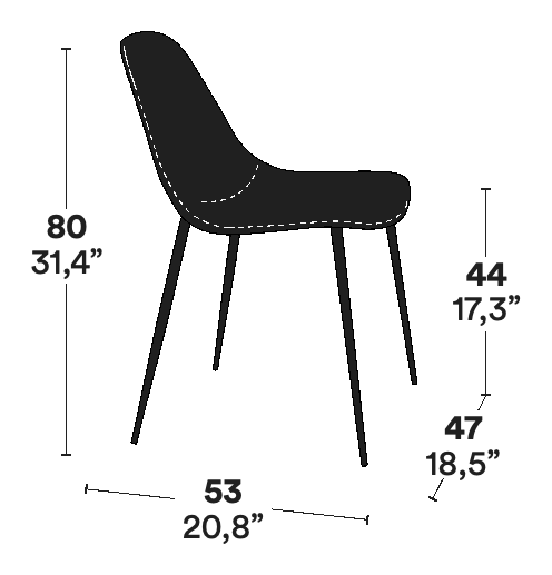 Mammamia Chair by Opinion Ciatti, size drawing: NON-STACKABLE, UPHOLSTERED
