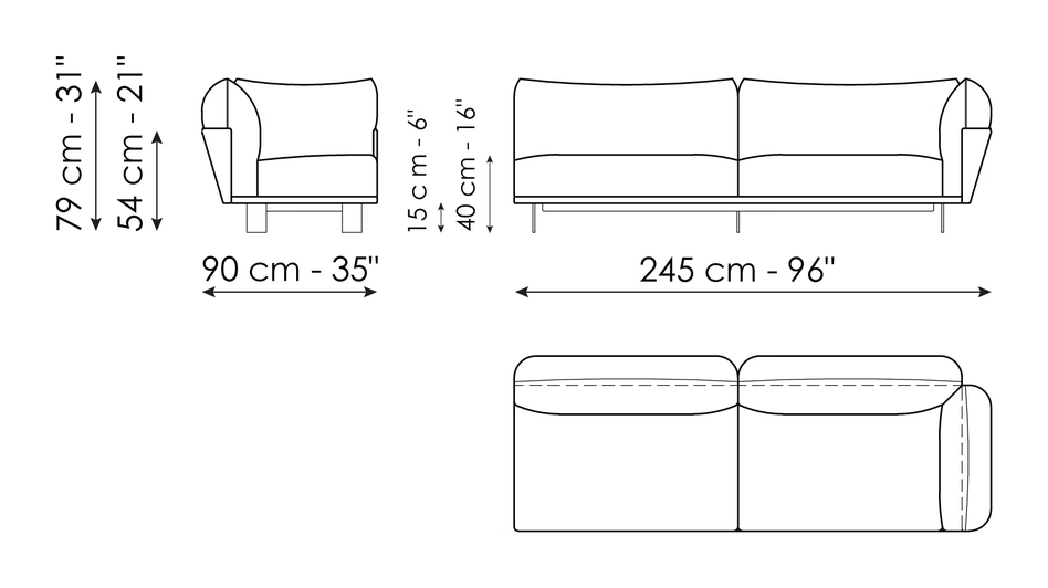 Blend Sofa by Bonaldo, size drawing: End section sofa 245