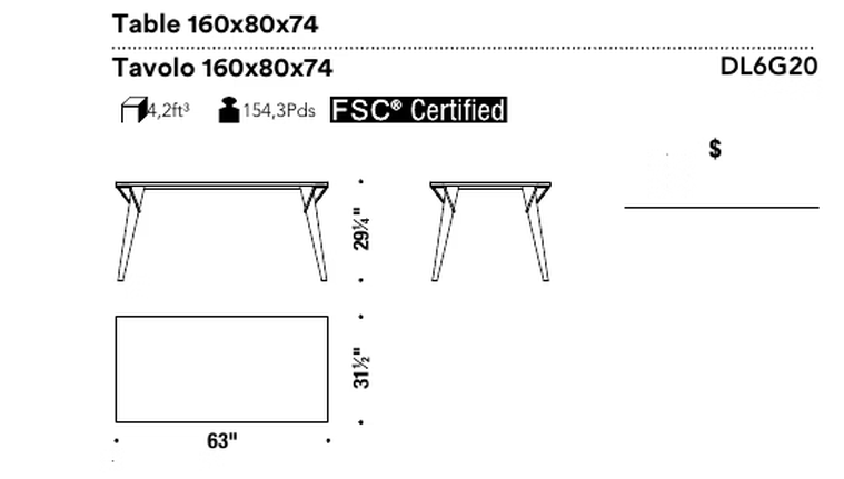 Overdyed Dining Table by Moroso, size drawing: Table 160x80x74
