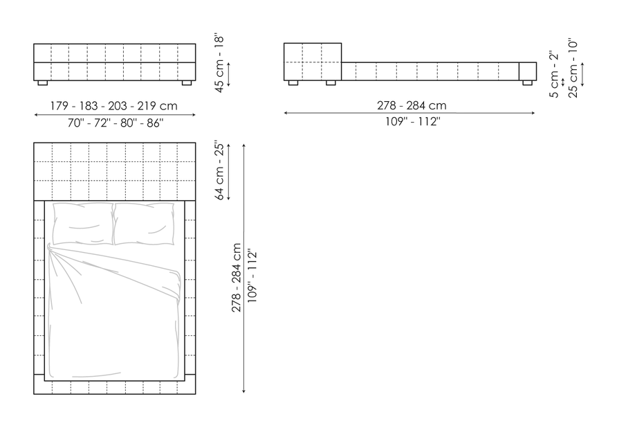 Squaring Double Bed by Bonaldo, size drawing: Squaring isola alta variante B