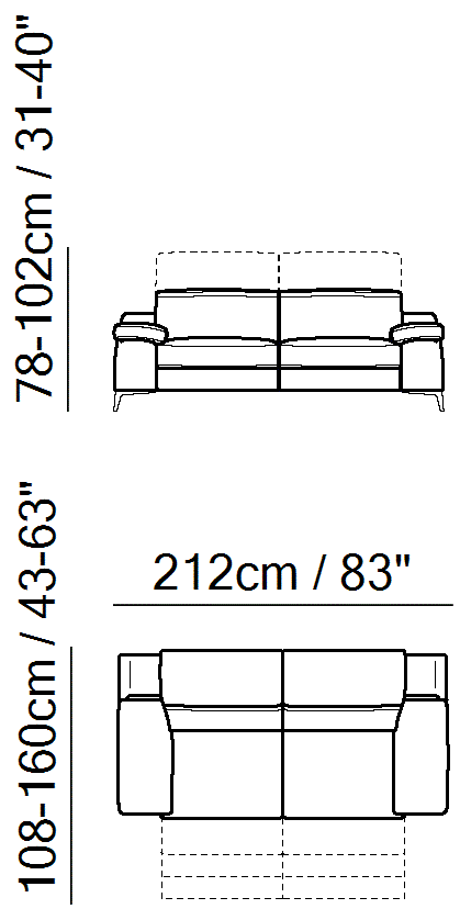 Duca Sectional by Natuzzi Italia: Two-and-a-half-seater sofa with two electric recliner functions, outline drawing with sizes
