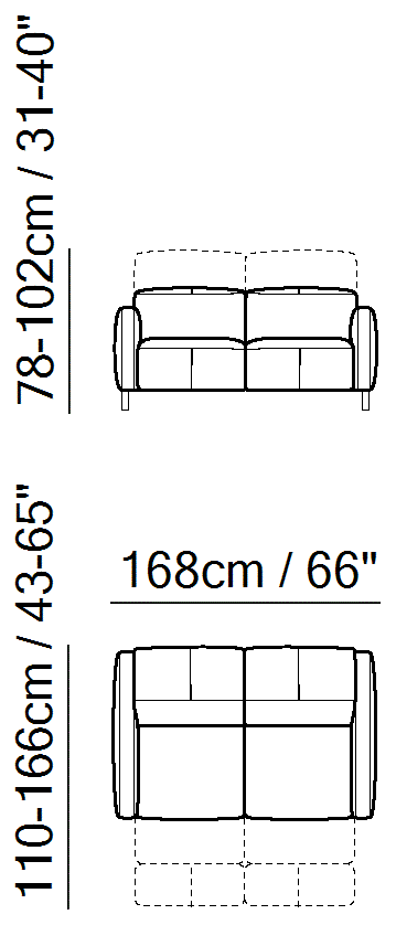 Sophy Sectional by Natuzzi Italia: Two-seater sofa with two electric recliner functions, outline drawing with sizes