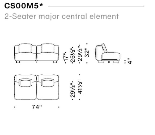Cuadra-Soft Sofa by Moroso, size drawing: 2-Seater major central element