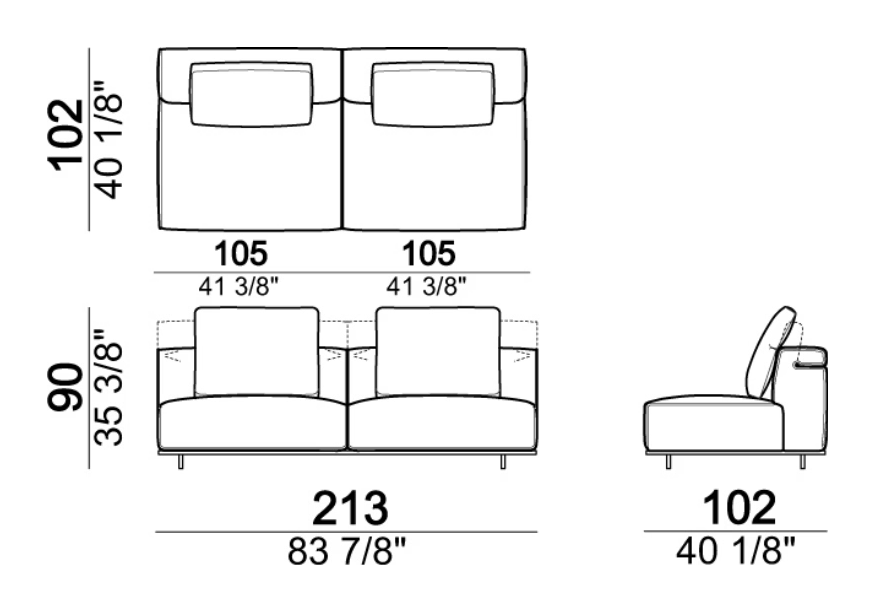 Hackman Sofa by Arketipo, size drawing: Central unit