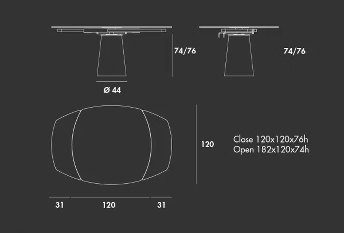 Totem Extendable Table by Sovet, size drawing