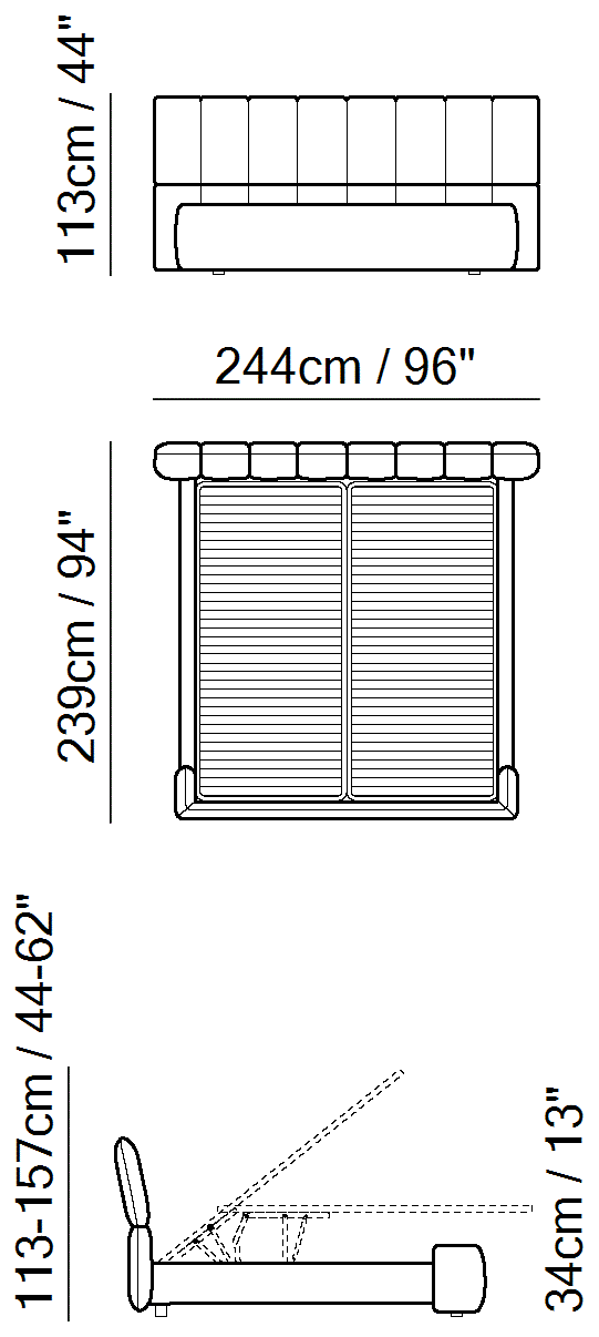 Briq Bed by Natuzzi Italia: Bed with split mesh 193X203, outline drawing with sizes