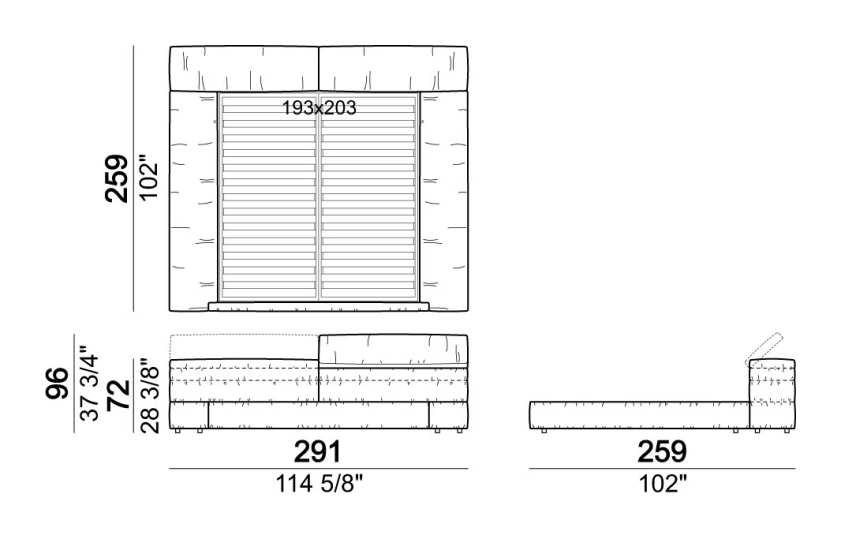 Mayfair Dream Bed by Arketipo, size drawing: Bed with right and left large frame