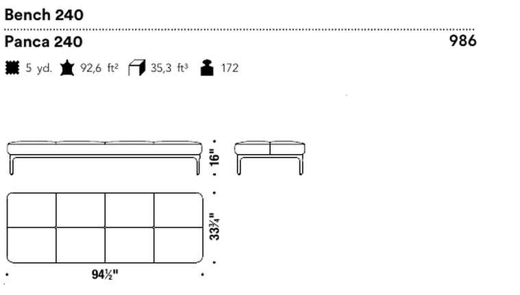 Modernista Ottoman Bench by Moroso, size drawing: Bench 240