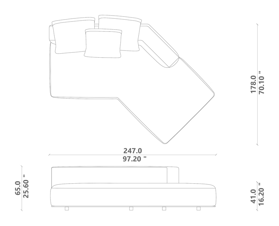 Paco Angled Sofa by Talenti, size drawing: Angled 01 right