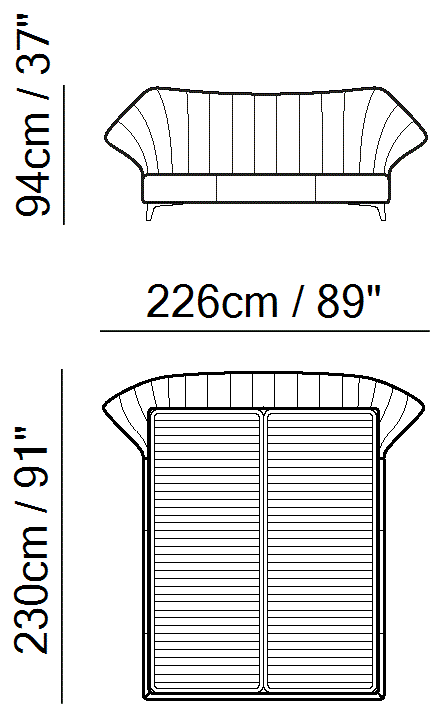 Cala Bed by Natuzzi Italia: Bed with split mesh 160X200, outline drawing with sizes