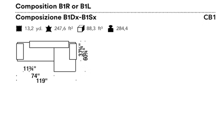 Lowland Sofa by Moroso, size drawing: Composition B1R or B1L