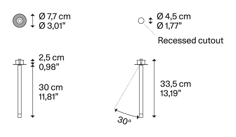 A-Tube Nano Swing Ceiling Lamp by Lodes, size drawing: A-Tube Nano Swing small