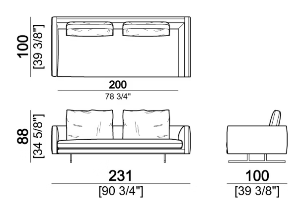 Moss Sofa by Arketipo, size drawing: Right or left corner sofa, back cushions 80 cm