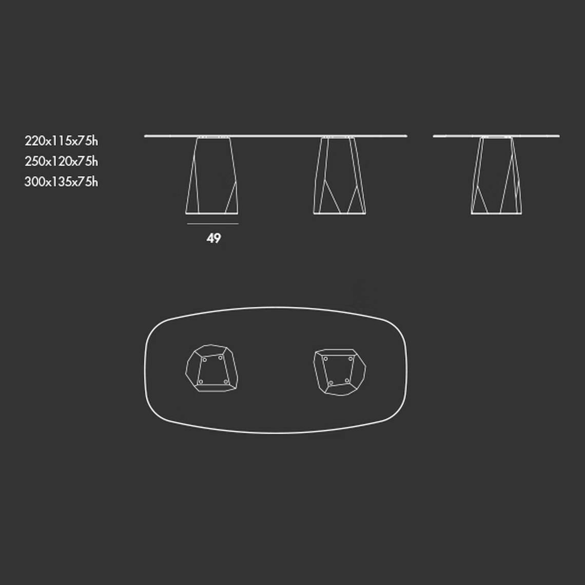 Deod Two Bases Table by Sovet, size drawing