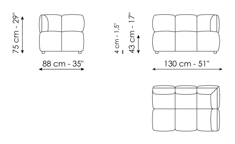 Brik Sofa by Bonaldo, size drawing: End section sofa 130