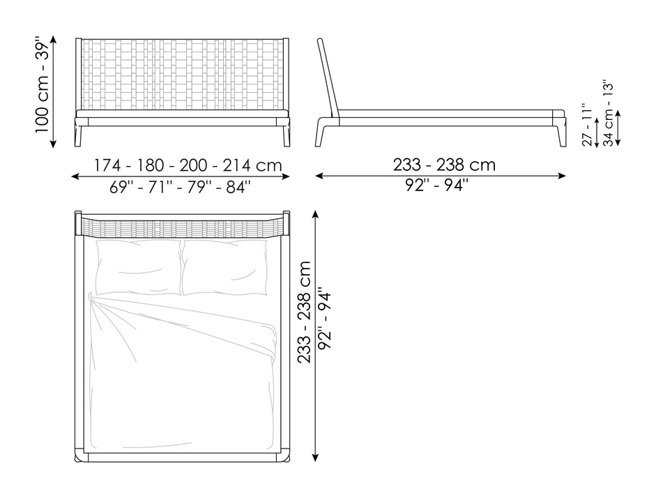 Honeymoon Double Bed by Bonaldo, size drawing