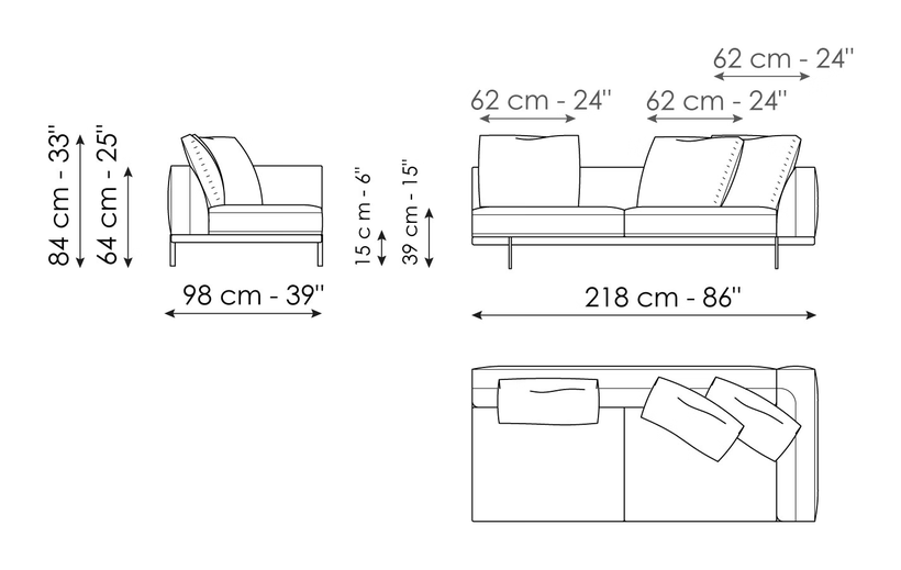 Phil Sofa by Bonaldo, size drawing: End section sofa 218