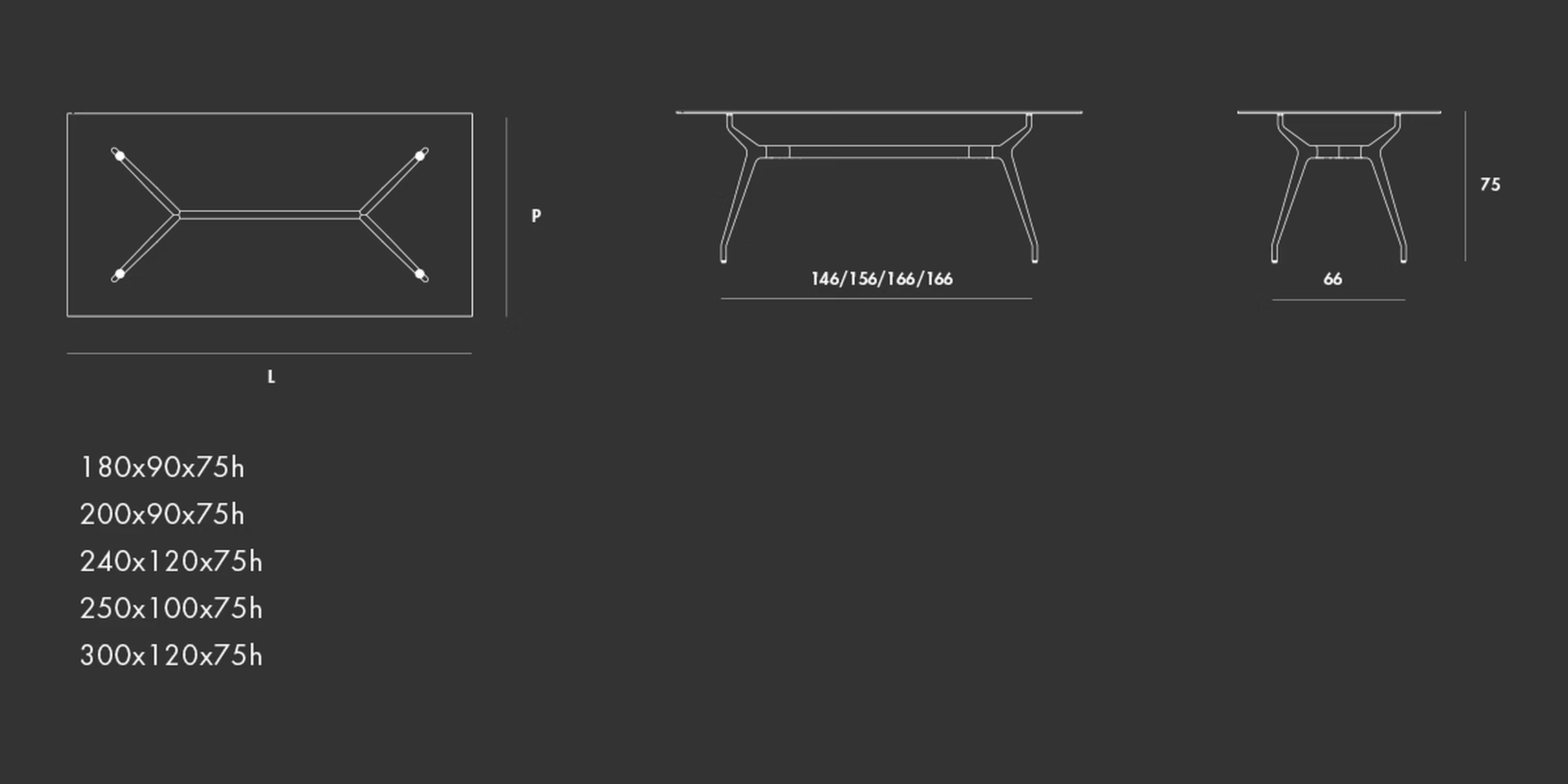 Arkos Rectangular Table by Sovet, size drawing