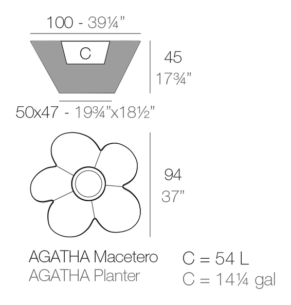 Agatha Planter by Vondom, size drawing