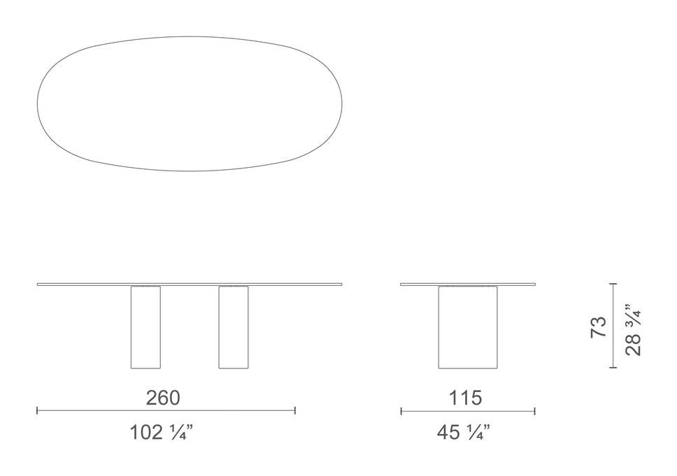 Dolmen Glass Table by Cappellini, size drawing: DOG3
