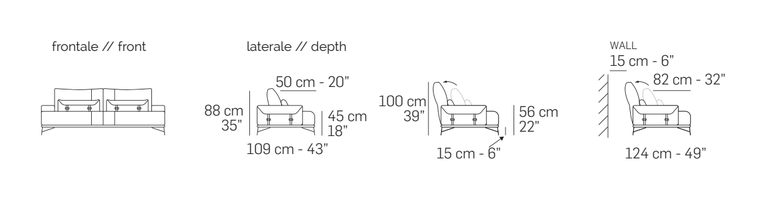 Sirio Sofa by Nicoline, size drawing: Front and side views