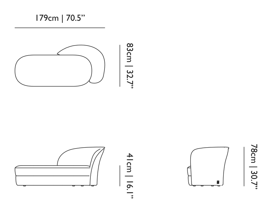Aldora Chaise Lounge by Moooi, size drawing: Right