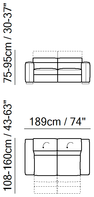Balance Sectional by Natuzzi Italia: Two-seater sofa with two electric recliner functions, outline drawing with sizes
