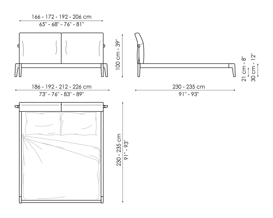 Kriss Double Bed by Bonaldo, size drawing: Kriss