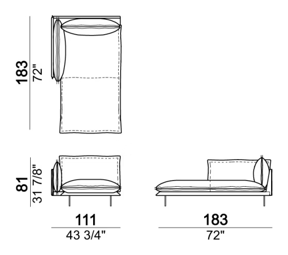 Auto-Reverse Sofa by Arketipo, size drawing: Chaise-longue with right or left short arm, back cushion 95 cm