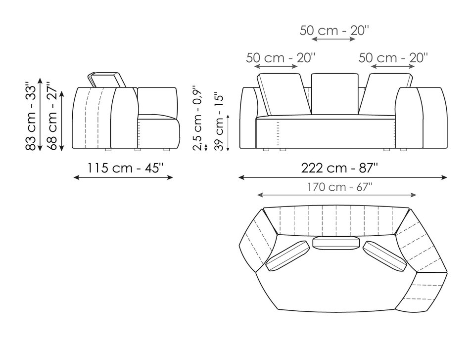 Panorama New Sofa by Bonaldo, size drawing: End section sofa