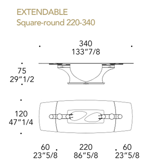 Archimede 72 Allungabile Dining Table by Reflex, size drawing