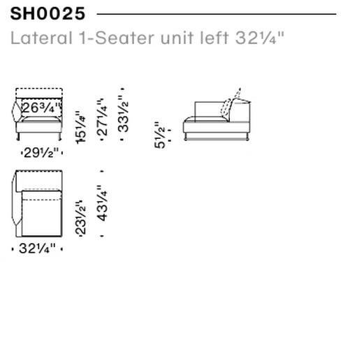 Shanghai Tip Sofa by Moroso, size drawing: Lateral 1-Seater unit left 82