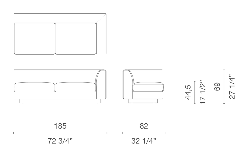 Elan 23 Sofa by Cappellini, size drawing: EVE7