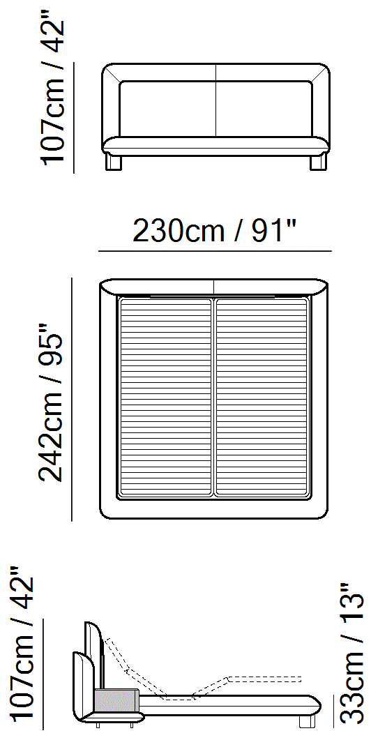 Flow Bed by Natuzzi Italia: Bed with tilt and lift mechanism 193X203, outline drawing with sizes