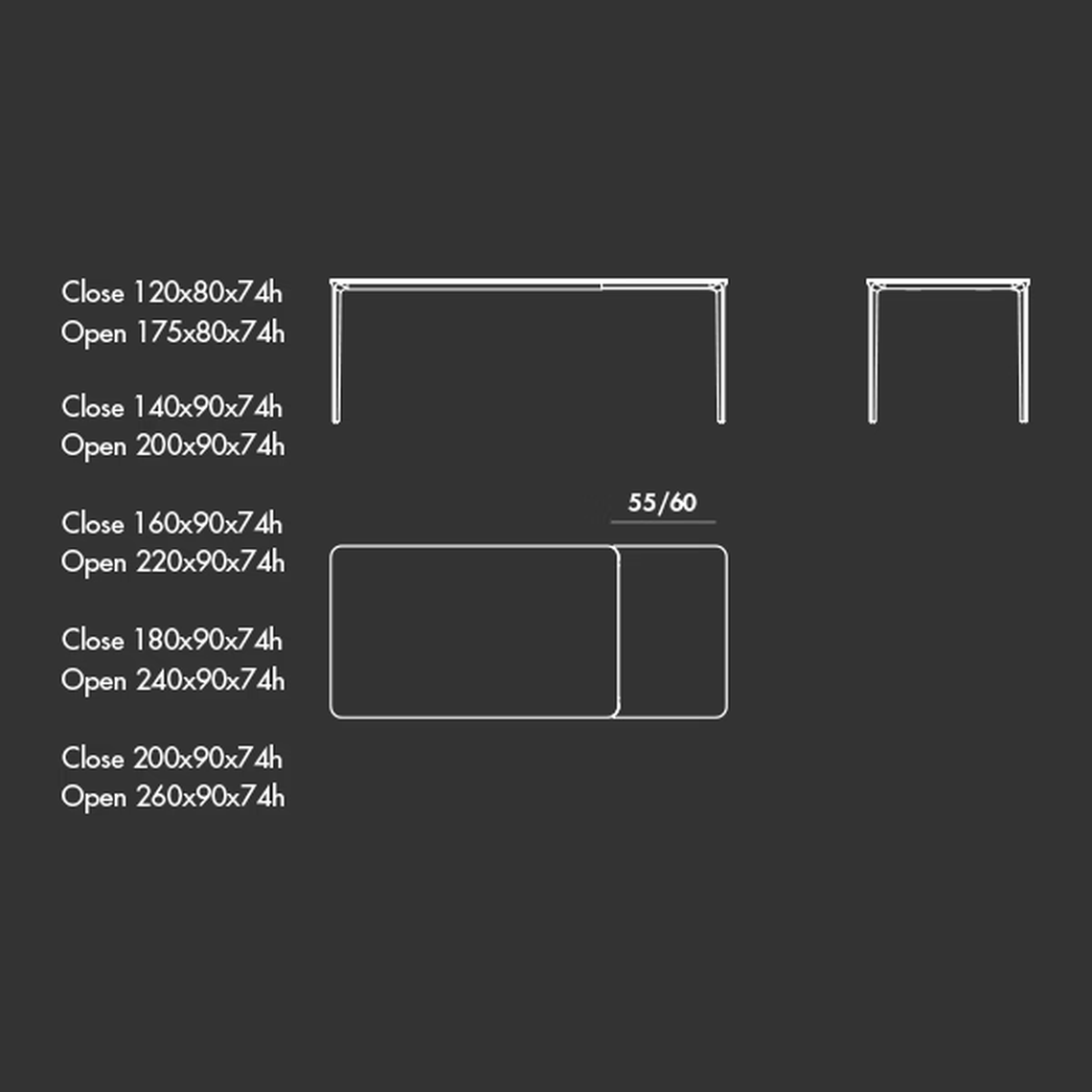 Slim Extendable Table by Sovet, size drawing