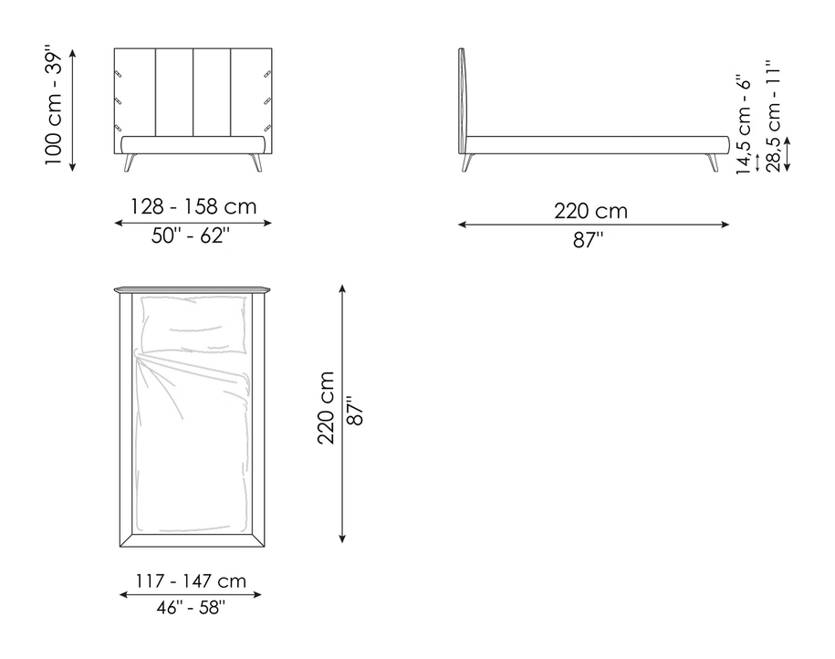 Cuff Single Bed by Bonaldo, size drawing: Cuff