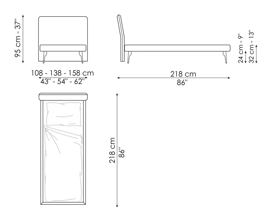 Tonight Single Bed by Bonaldo, size drawing: Tonight air