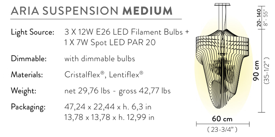 Aria Pendant Lamp by Slamp, size drawing: Aria Suspension Medium