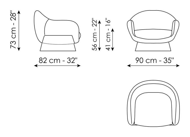 Boolean Armchair with Covered Base by Bonaldo, size drawing: Boolean armchair - swivel base