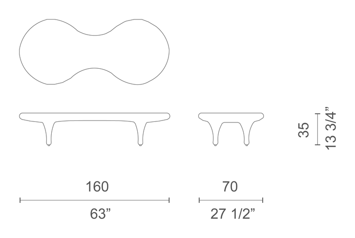 Orgone Table by Cappellini, size drawing