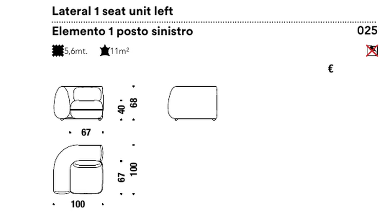 D-Scape Sofa by Moroso, size drawing: Lateral 1 seat unit left