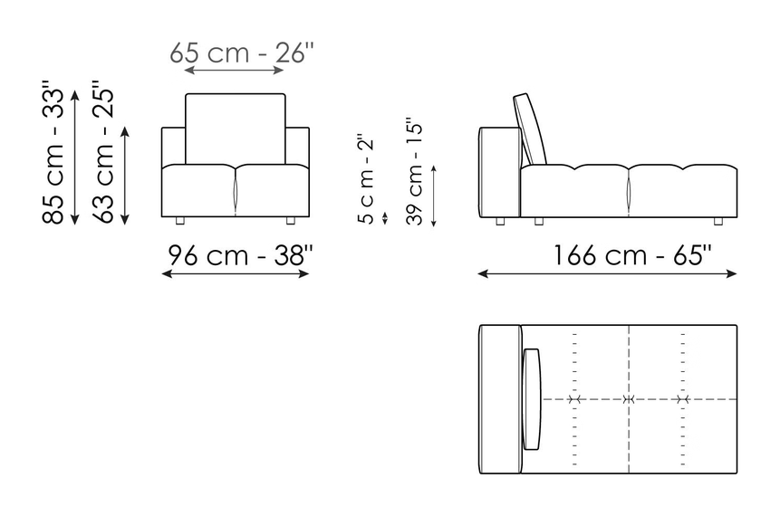 Bonamour Sofa by Bonaldo, size drawing: Chaise longue
